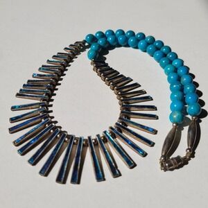vintage Artisan Statement Turquoise Abalone Inlay Bib Necklace Blue Southwest